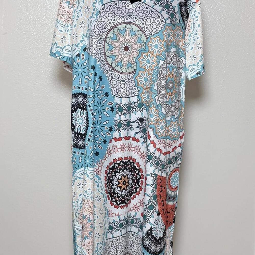 Livcoer Women's XL Dress NWT Teal Blue Floral Wrap Front Midi Short Sleeve